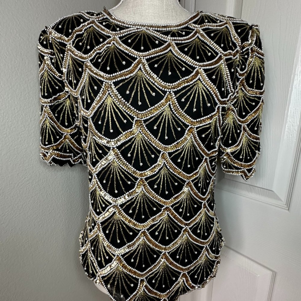 WOMEN'S Beaded Blouse : gorgeous black, gold and white fancy blouse